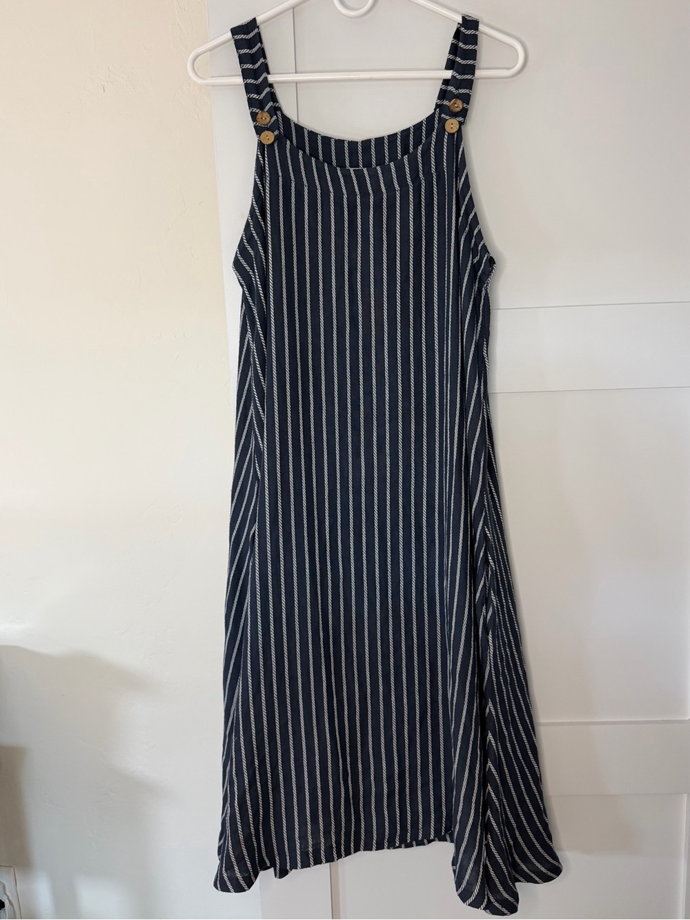 Vasna Italian Linen Pinstriped Navy and White Midi Dress